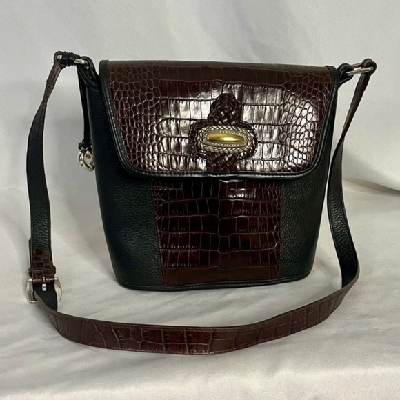 Brighton Handbags - BRIGHTON Shoulder Bag 90s Y2K Leather Black Peb Brown Croc Emboss Single Strap